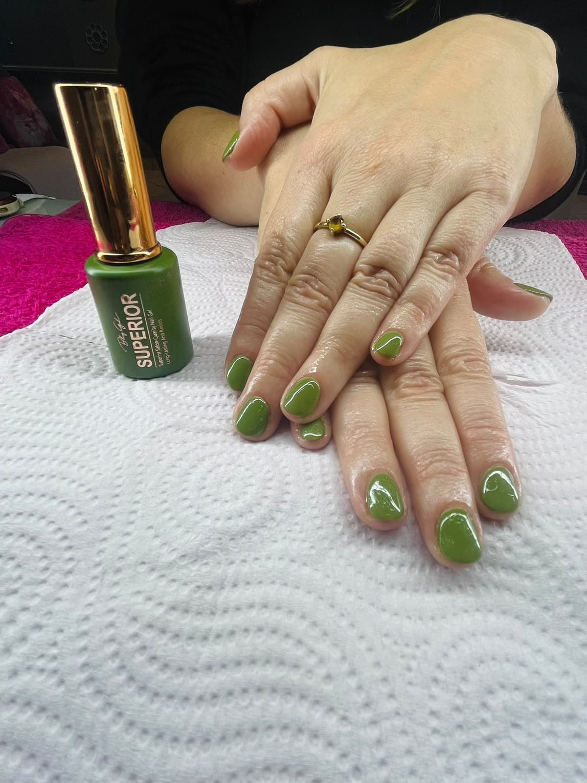 Olive green gel manicure on short round nails with salon gel polish